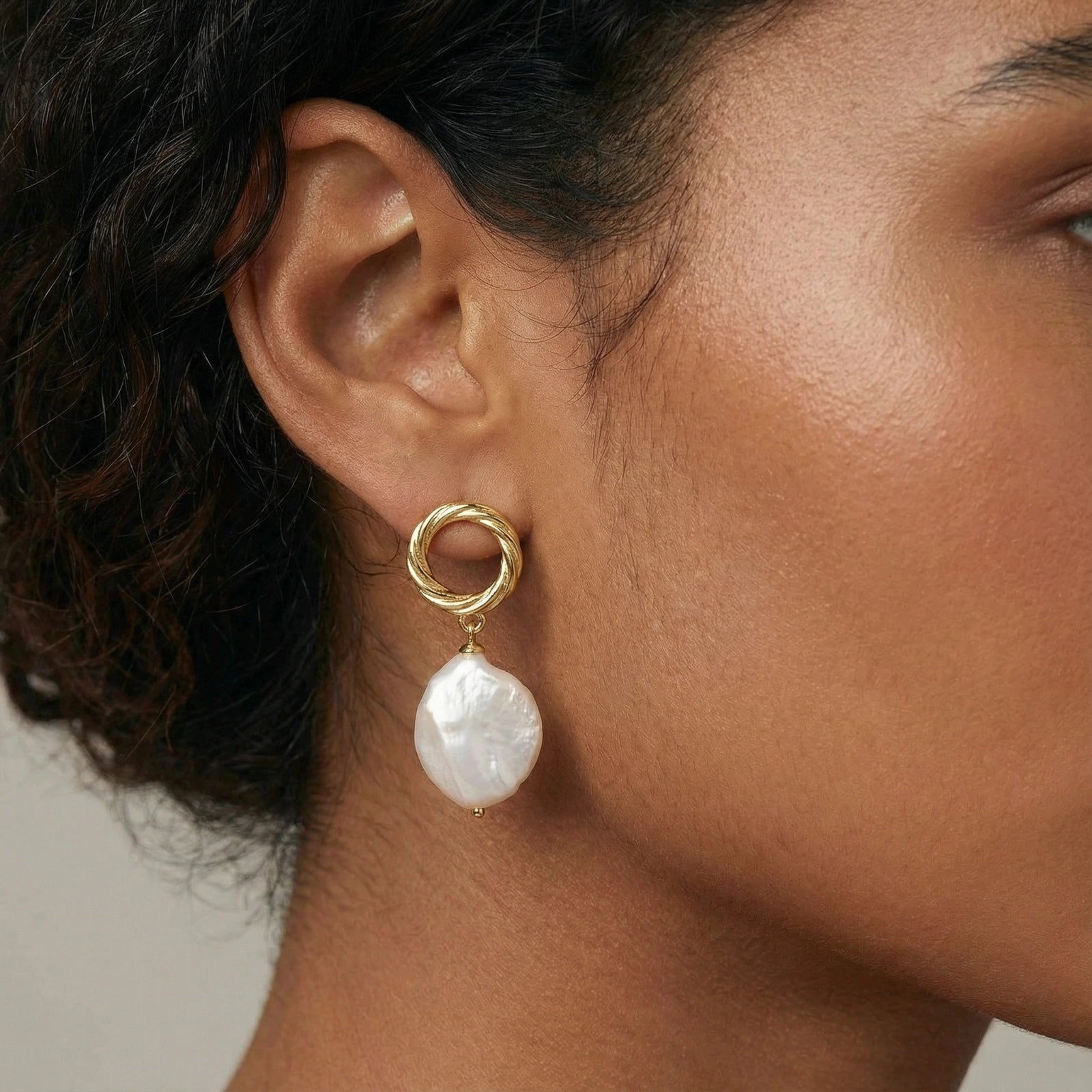Gold Loop Pearl Drop Earrings